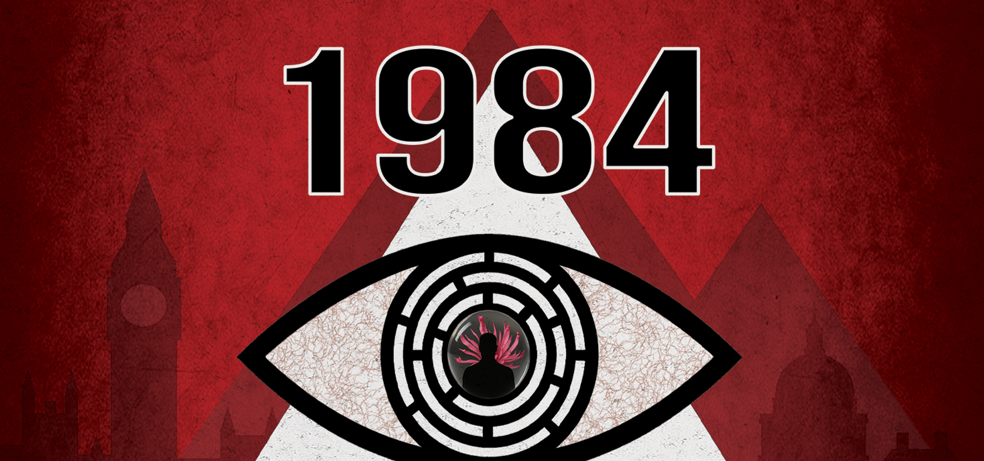 An eye sits on a white triangle, a red background surrounds the image.
