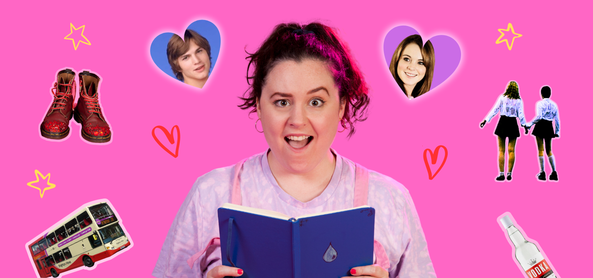 A photo of Beth (a white person with dark hair in a high ponytail, wearing pink dungarees and a lilac tie-dyed t-shirt). Beth is against a pink backdrop, opening a blue diary with a scandalised expression - one eyebrow raised, mouth open in shocked amusement. 