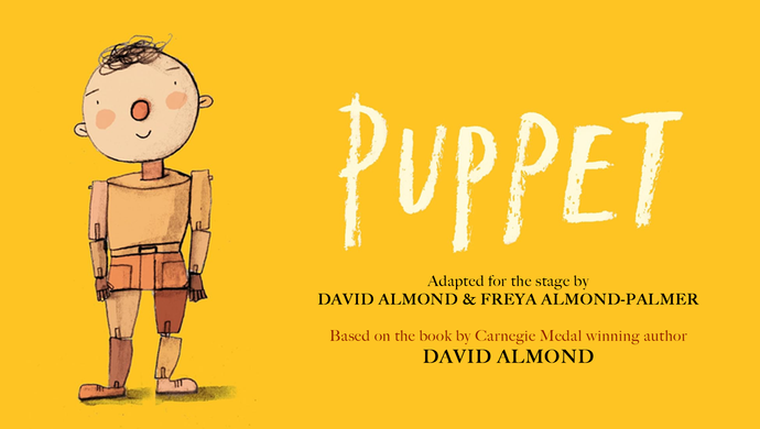 A hand-drawn puppet character smiles against a yellow background