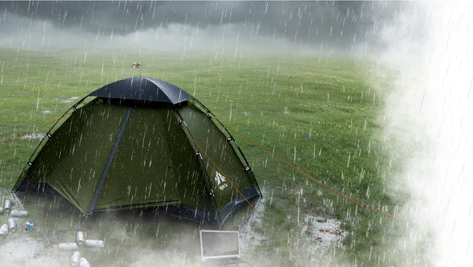 A lone tent sits in a rainy waterlogged field