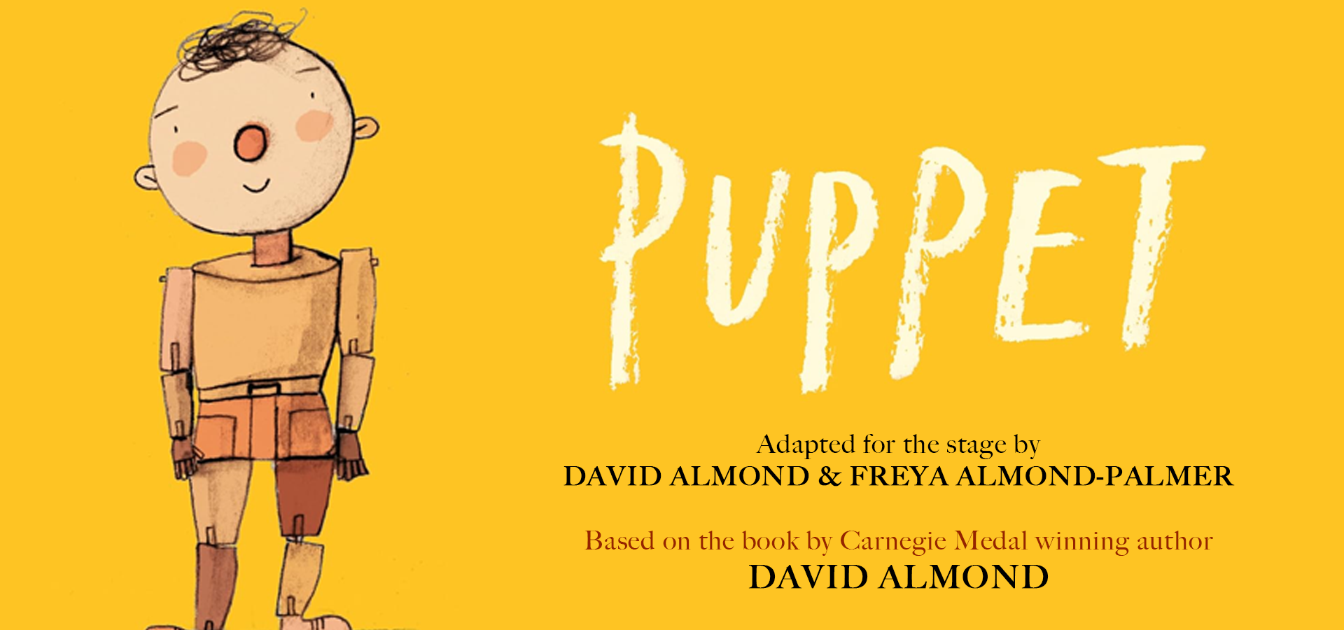 A hand-drawn puppet character smiles against a yellow background